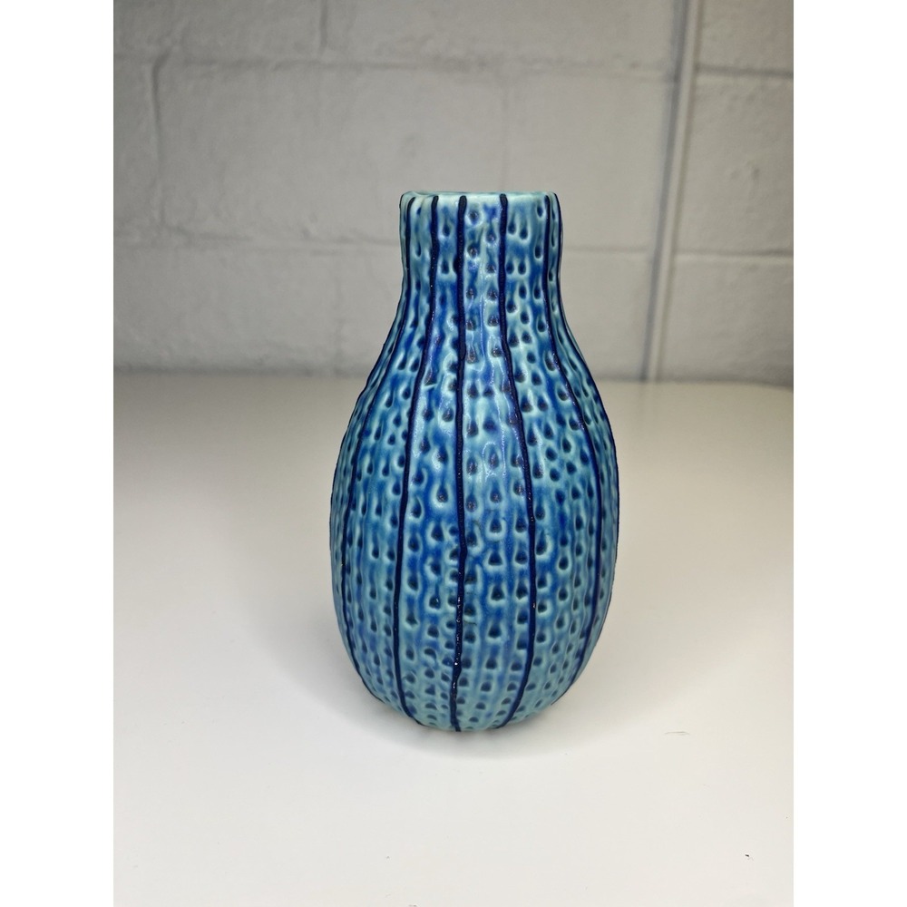 Textured Teal Blue Vase Stripe Thailand Bud Vase 7" Cactus Boho Southwestern‎ - Picture 3 of 7